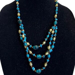 Vintage Necklace Turquoise Gemstones with Blue & Gold Art Glass Beaded Necklace